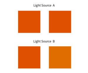 colored blocks demonstrating metamerism under different light sources